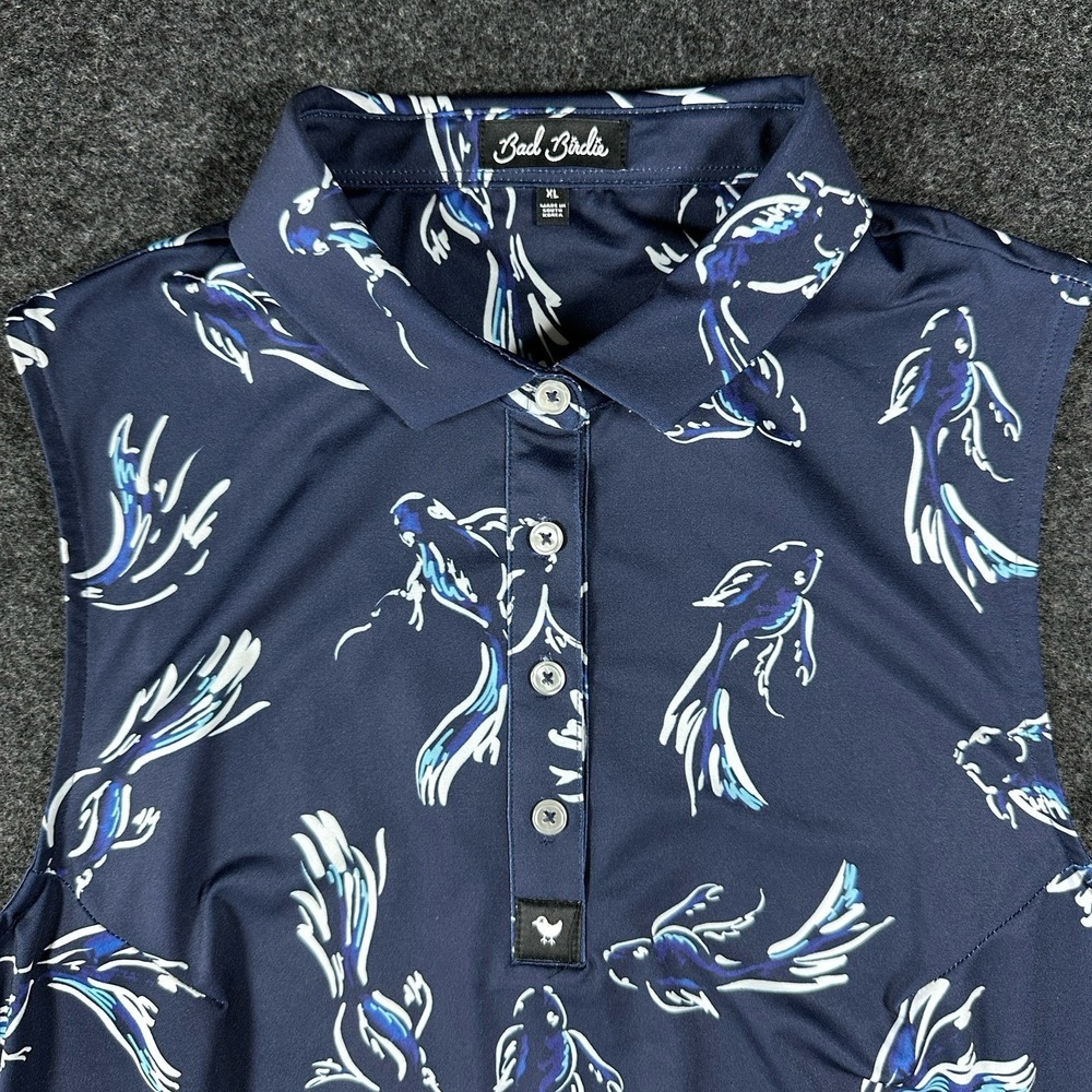 BAD BIRDIE The Shallows Sleeveless Golf Polo Shirt Womens XL Navy Fish Koi
